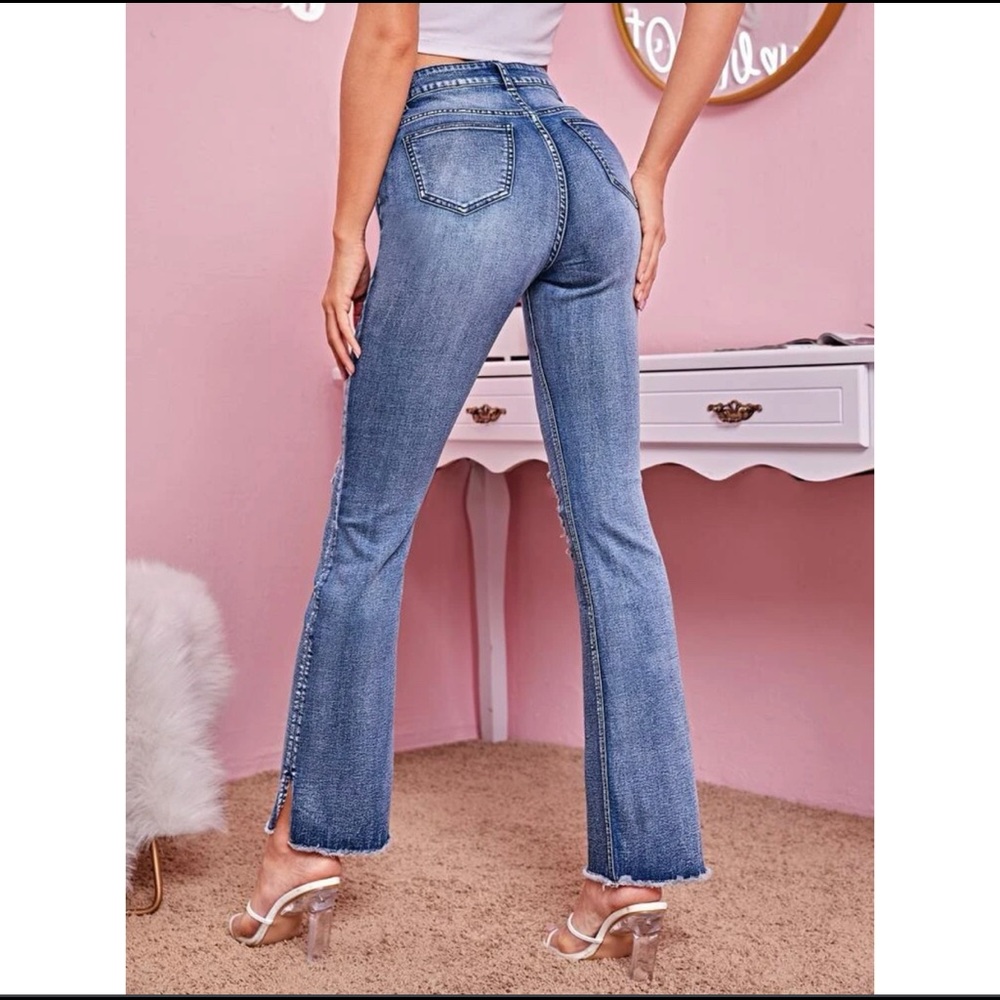 High Waist Ripped Raw Hem Flare Leg Jeans! - Picture 3 of 6
